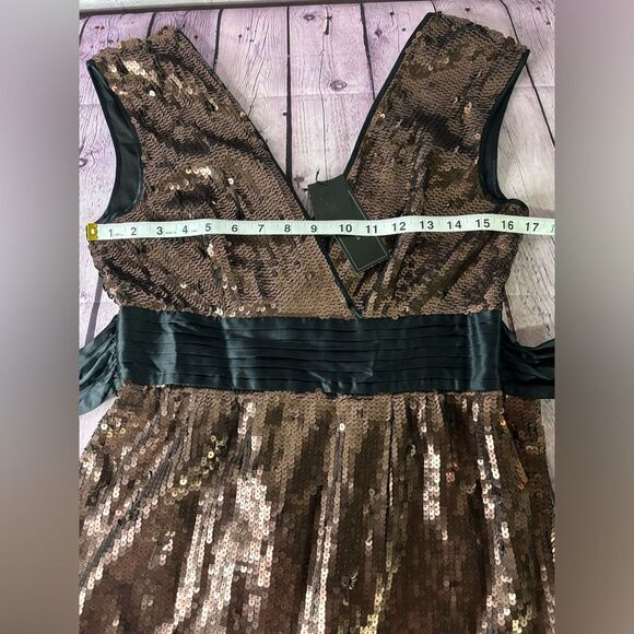 NWT BCBGMAXAZRIA Taupe Sequin Black Satin Trim 70s Glam Deep V Midi Dress Size S - Picture 8 of 13